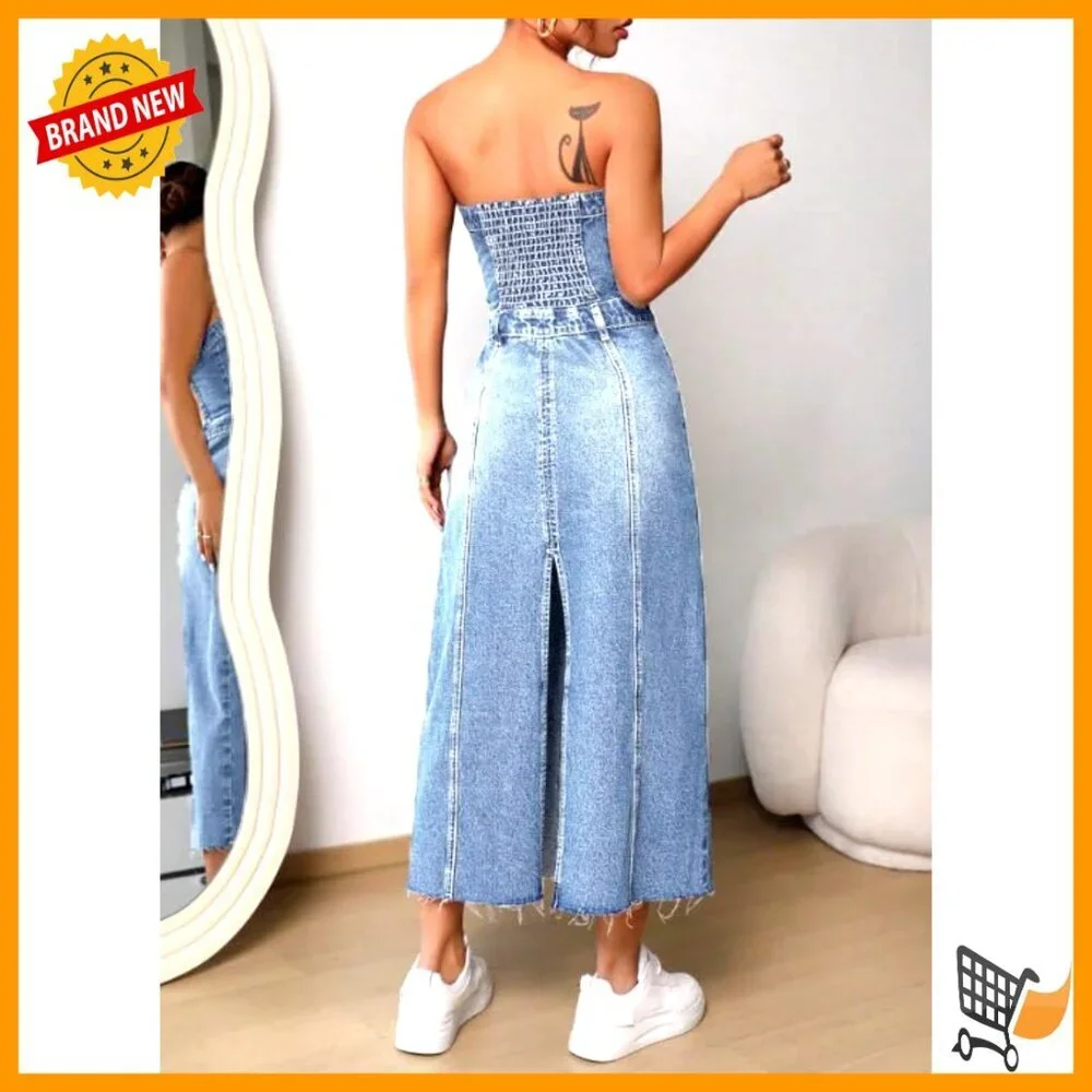 Strapless Denim Midi Dress, Slim Fit, Button Closure, Backless
